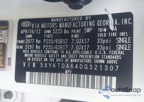 2013 Kia Sorento Lx from USA, damaged, VIN 5XYKTDA64DG321307